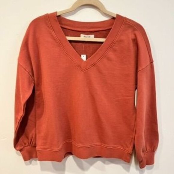 Madewell Womens XS Rust Orange V-Neck Sweatshirt 100% Cotton Ribbed Cuffs NWT - Picture 2 of 11